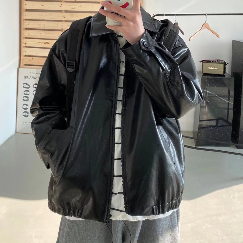Thumbnail: Pu Leather Jacket Men Brown Retro Motorcycle Jacket Autumn Korean Fashion Fried