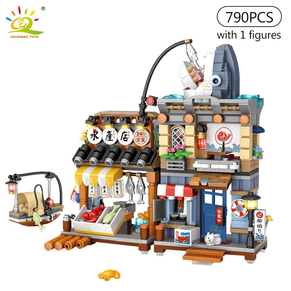 Thumbnail: HUIQIBAO City Mini Chinese Street View Grocery Store Meat Shop Building Blocks