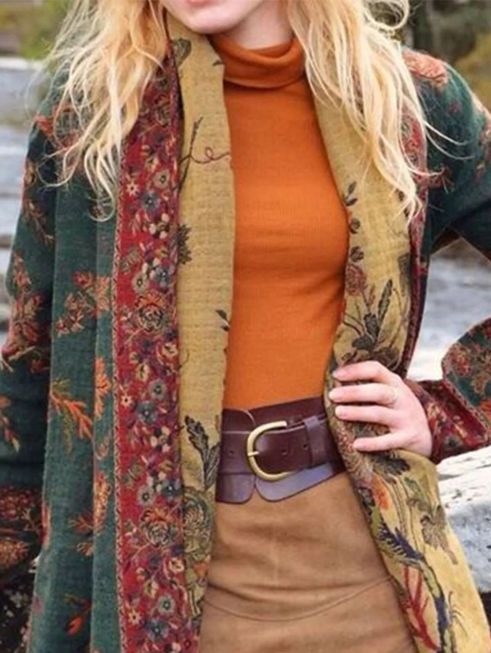 Thumbnail: Plus Size Women's Cardigans Fringe Ethnic Print Retro Long Coat Autumn Long Sle