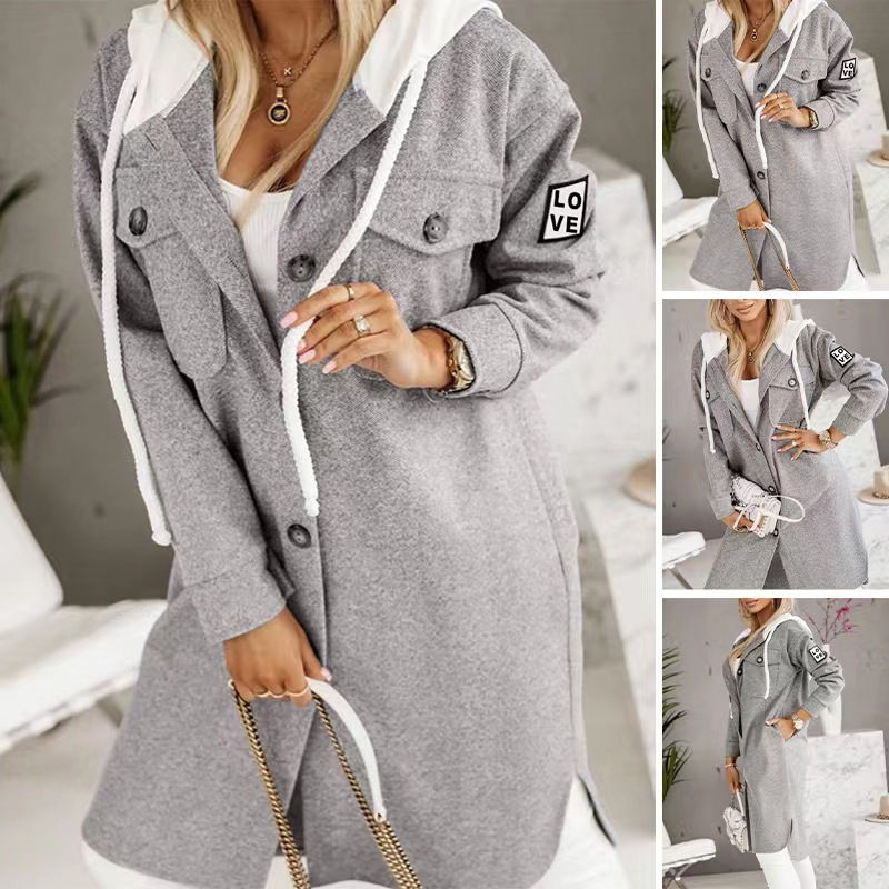 Miniatura: Fashion Hooded Button Long Sleeve Coat For Women