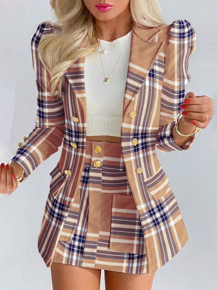 Thumbnail: 2022 Early Spring Suit Long Sleeve Solid Color Jacket with Mini Skirt Two-piece