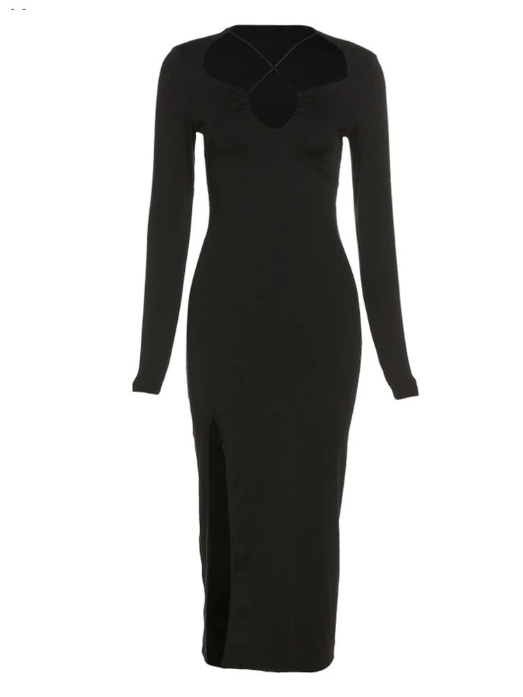Thumbnail: Autumn Crossed Cleavage Maxi Dress Women Concise Side Spilt Elegant Vestido Lad