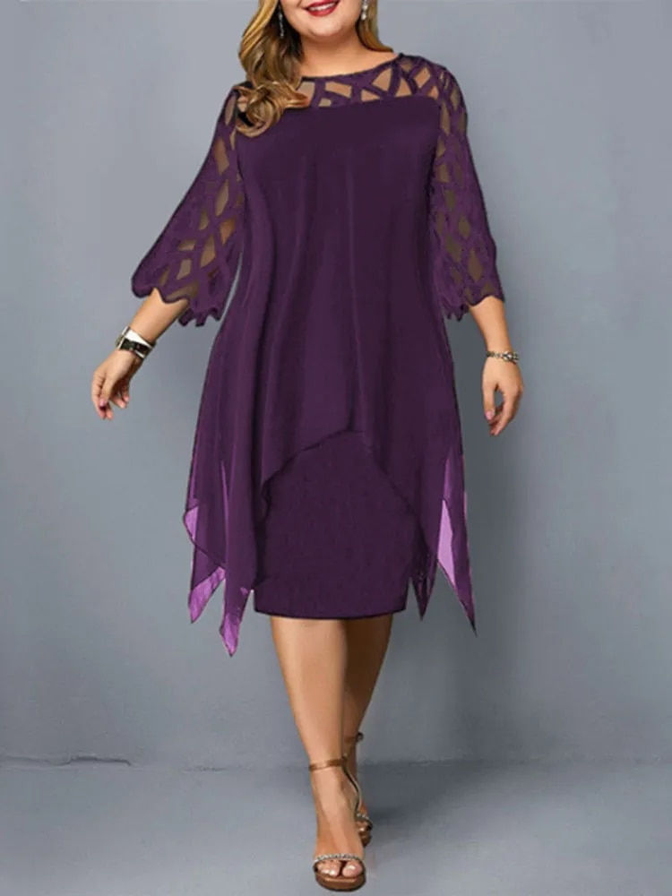 サムネイル： Elegant Midi Party Dress For Chubby Women Xxl O Neck Lace Sleeve Hollow Out Sol