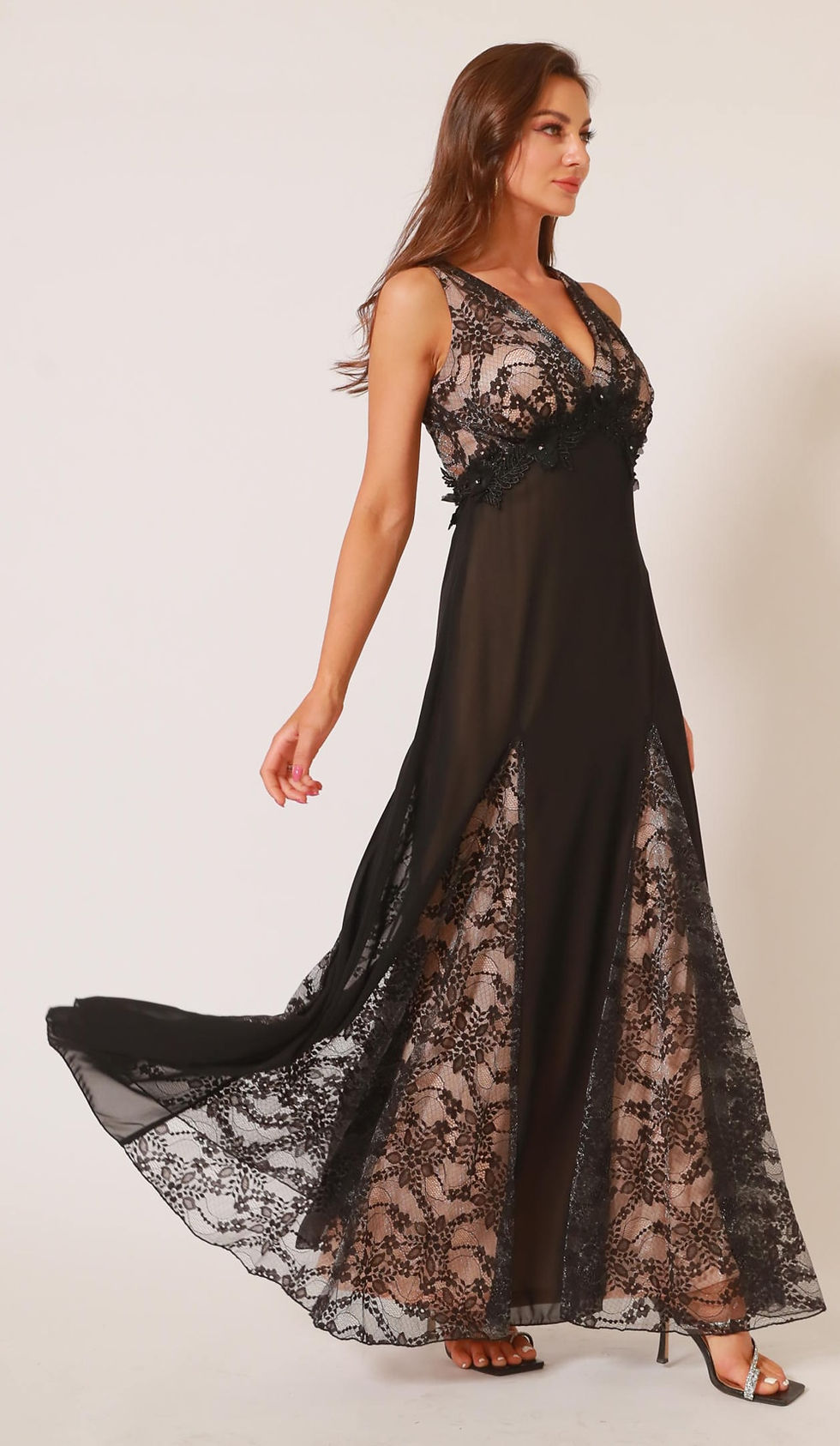 Thumbnail: Angel-fashions Women's Black V Neck Floral Lace Appliqued Beading Splicing