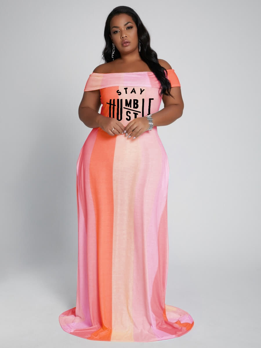 Thumbnail: Perl Plus Size Letter Off The Shoulder Long Dress for Women Casual Contrasting