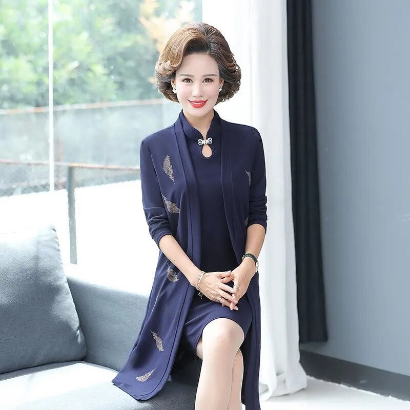 Thumbnail: Oriental Style Women Two Pieces Dresses leaves Knee Length Cardiagn and Sleevle