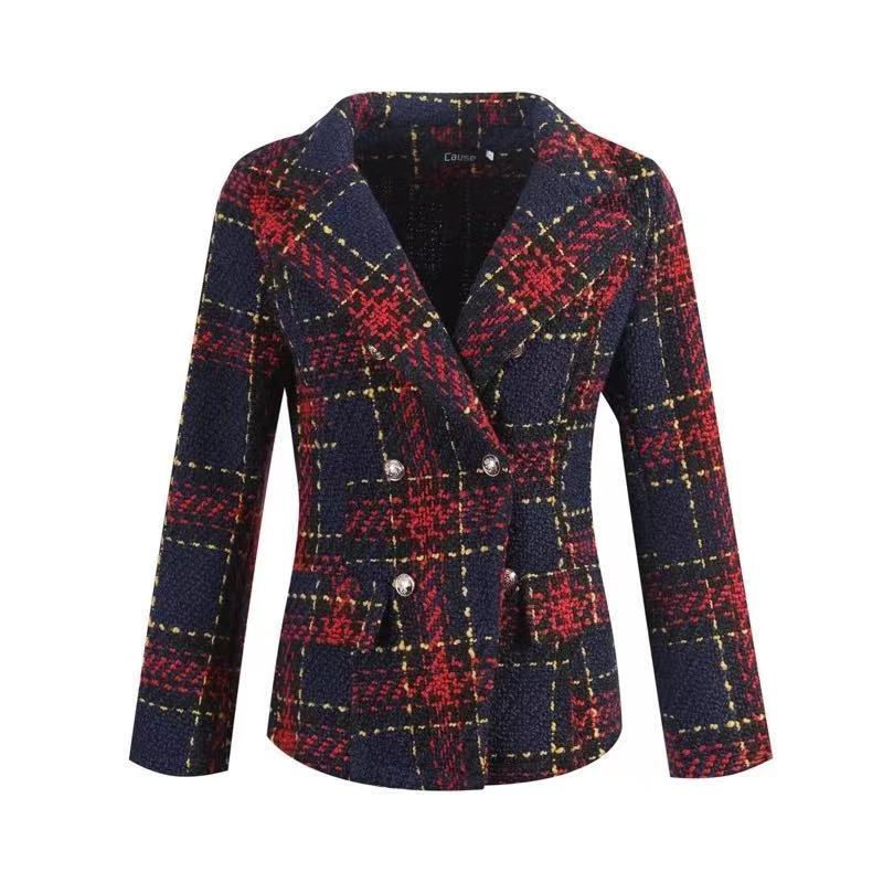 Thumbnail: Vintage Red Plaid Blazers Women Double Breasted Autumn Tweed Suits Coats Lapel