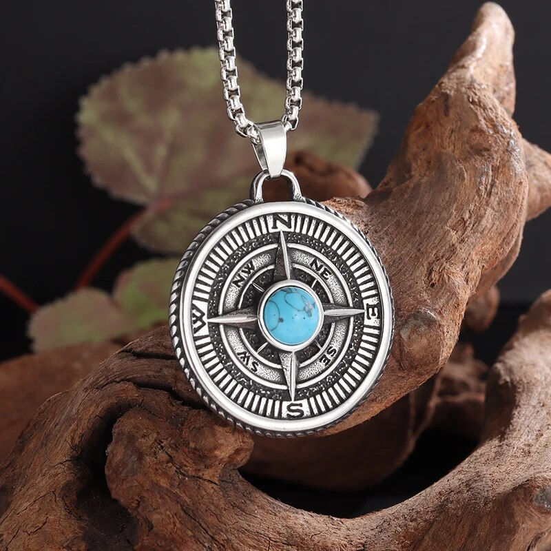 Thumbnail: Compass Inlaid with Blue Gemstone Pendant Necklace for Men and Women, Personali