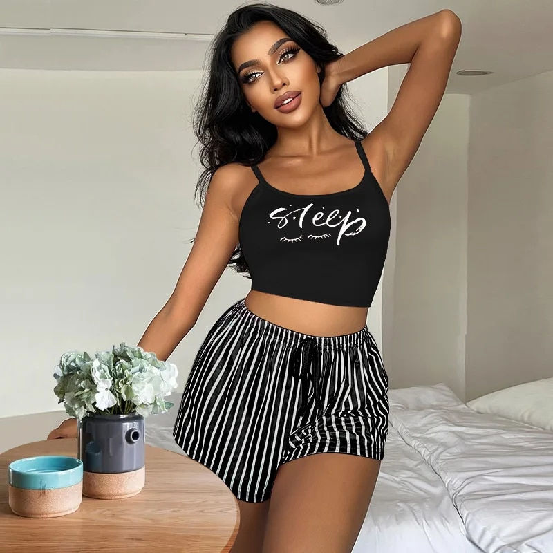 Miniature : Women Striped Pajamas Set Letter Print Sleeveless Sleepwear Lady Cute V-Neck Py
