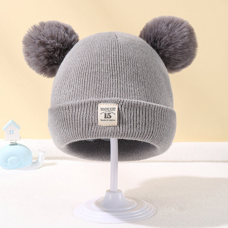 Minijatura: Autumn Winter Baby Warm Knitted Hats With Pom Kids Knit Beanie Hat Solid Color