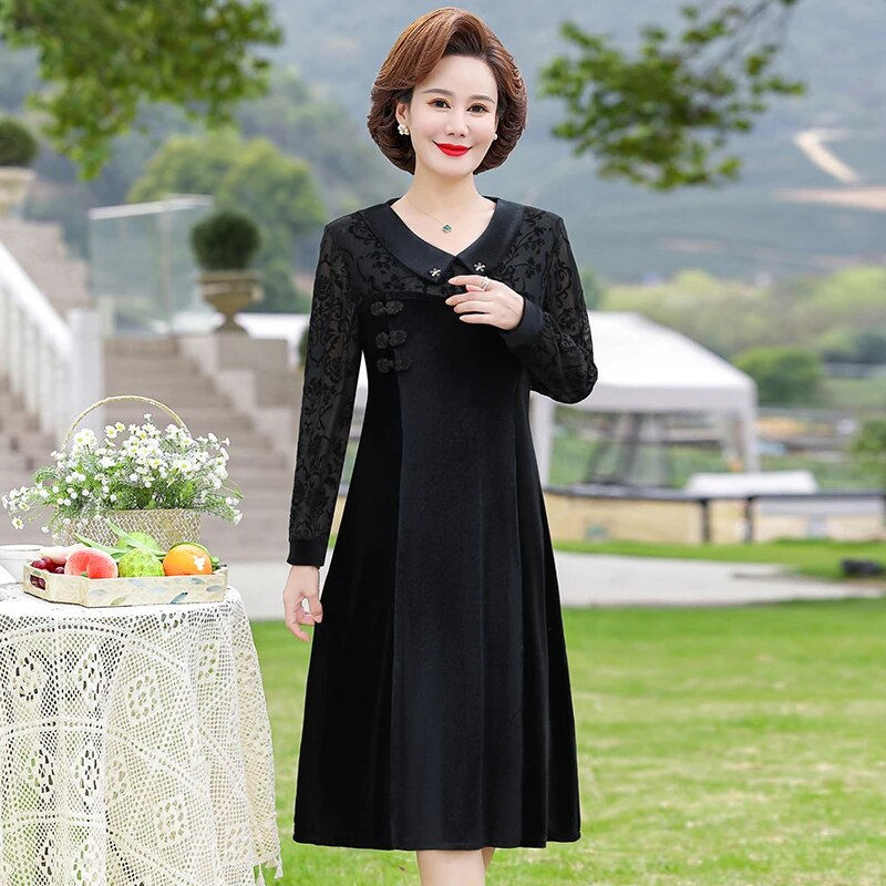 Miniaturbild: Women Velvet Vintage Midi Dress  Autumn Lapel panel long sleeved flocking Elega