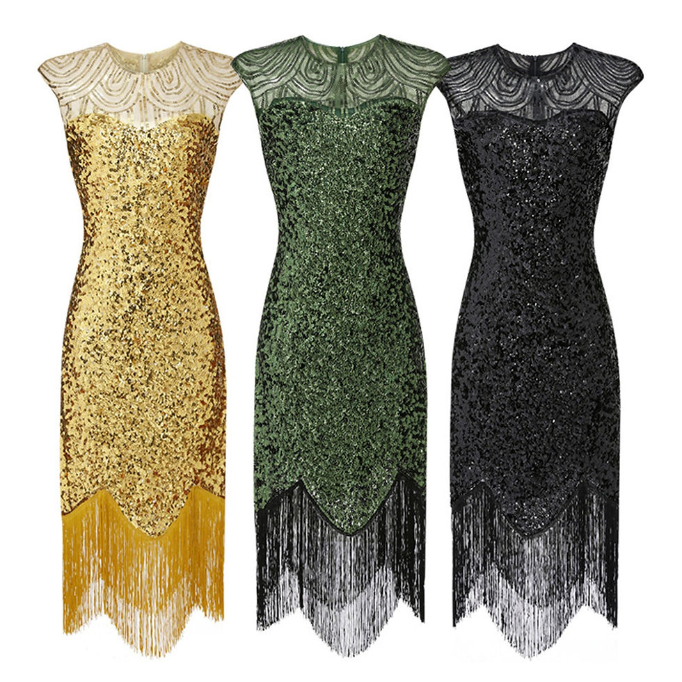 Miniatura: Vintage 1920s Flapper Great Gatsby Dress O-Neck Cap Sleeve Sequin Fringe