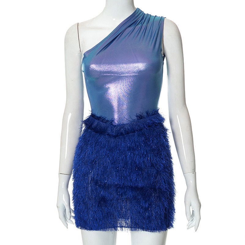 Echoine Sleeveless One Shoulder Bodysuit and Fur Mini Skirt Two Piece Set Party