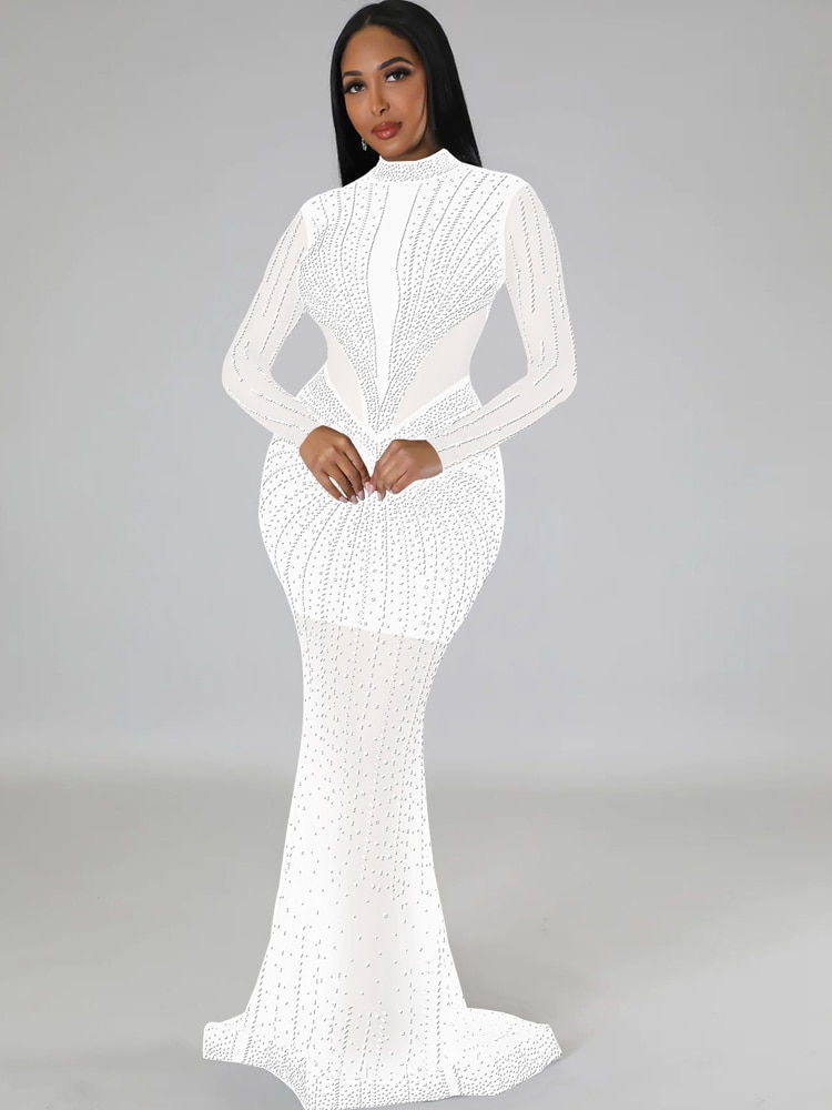 Miniatiūra: Kricesseen Cute Blue Rhinestones Mesh Patchwork Sheer Maxi Dress Women New Long