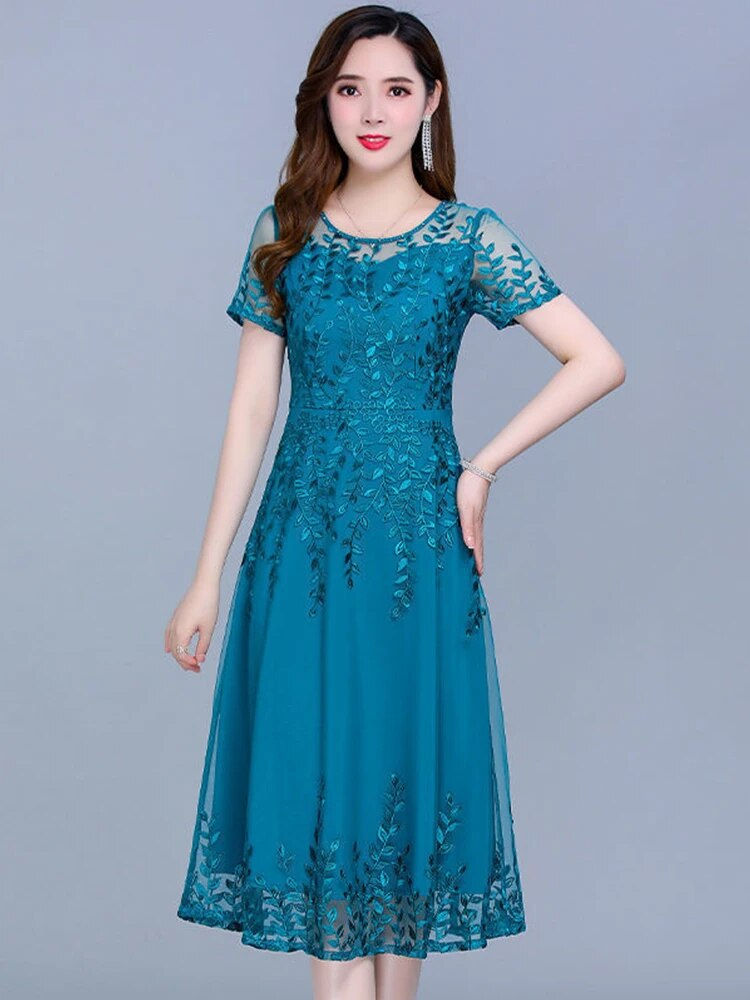 Thumbnail: Blue Casual Plus Size Mesh Korean Long Dress Summer Women 2023 New Tunics Midi