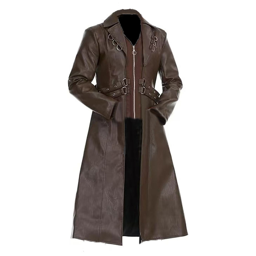 תמונה ממוזערת: 2025 New Steampunk Gothic Mid Length PU Leather Trench Coat Men Dark Brown Blac