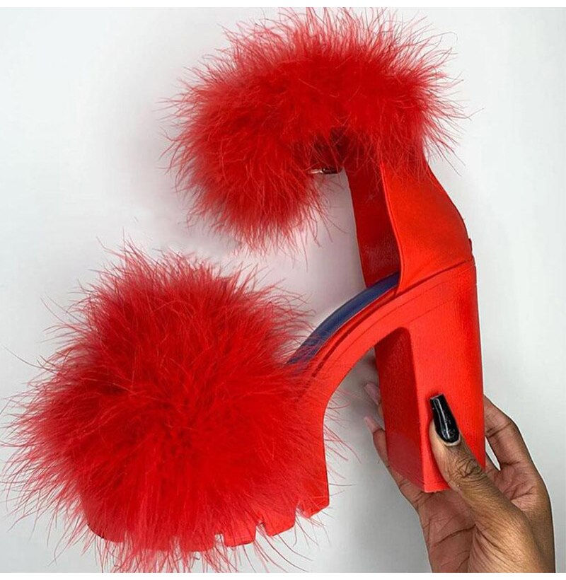 Thumbnail: Echoine Summe Women Furry Sandals High Heels with Fur Female Platform