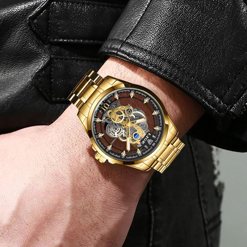 Miniaturebillede: New Men Watch Skeleton Quartz Wristwatch Gold Skeleton Retro Man Watch Top Bran