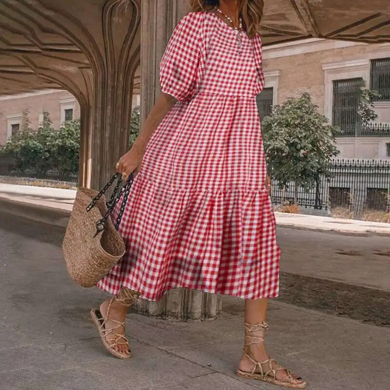 Thumbnail: Plaid Floral Plus Size Long Dress for Women 2023 Summer Dresses Casual Short Sl