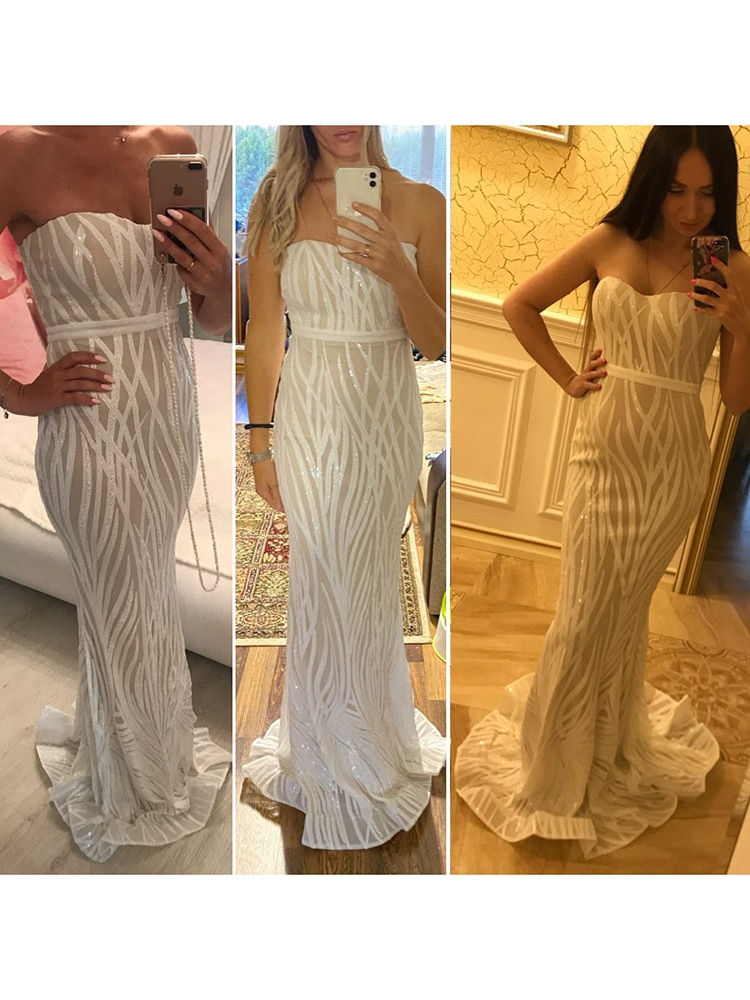 Thumbnail: White Strapless Sweatheart Stretch Sequin Long Bridesmaid Dress Sparkly Padded
