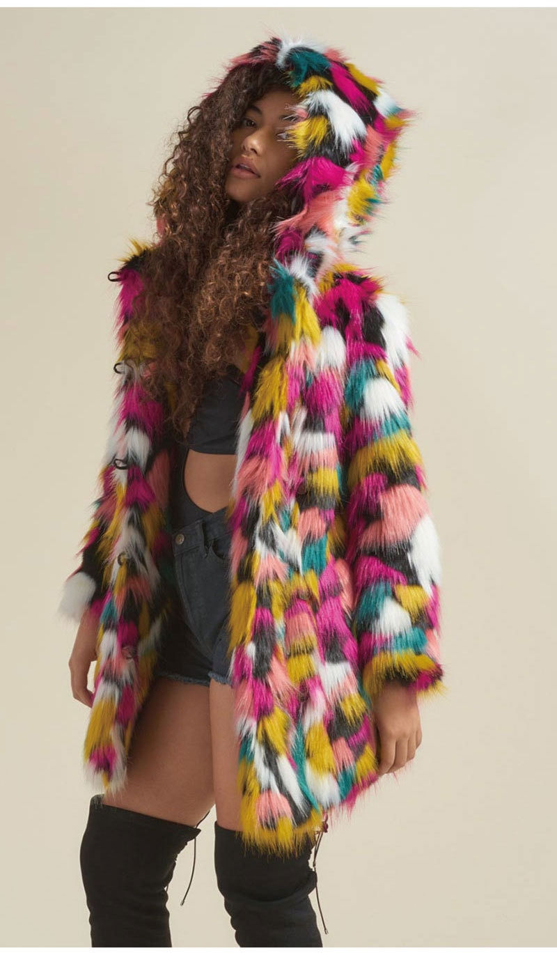 Thumbnail: Rainbow Color Faux Fur Coat Couple Wear 2022 Winter Warm Thick Hooded Jacket Ou