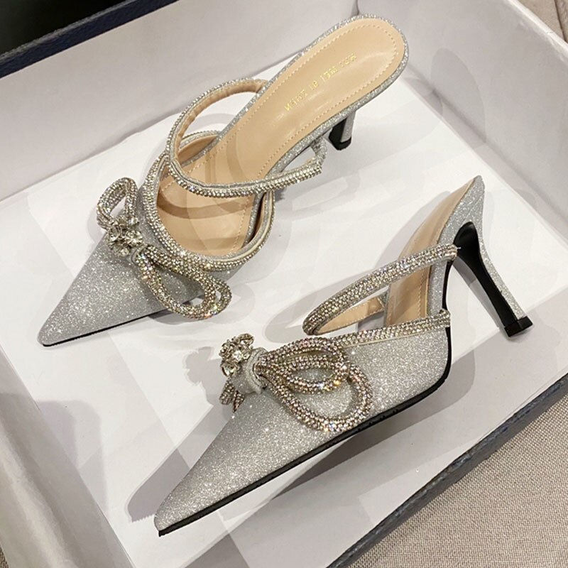 섬네일: New Glitter Rhinstones Women Pumps Mules Crystal Bowknot Green Satin Summer Lad