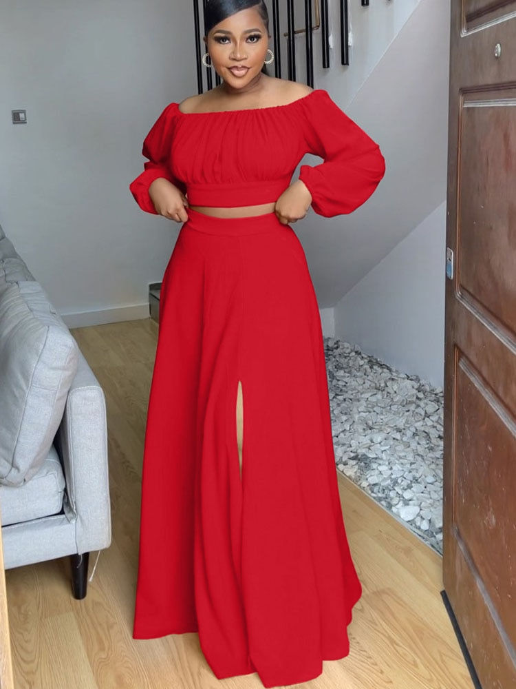 Indexkép: Znaiml Elegant Slash Neck Long Sleeve Crop Top and Long Skirt Matching Sets for