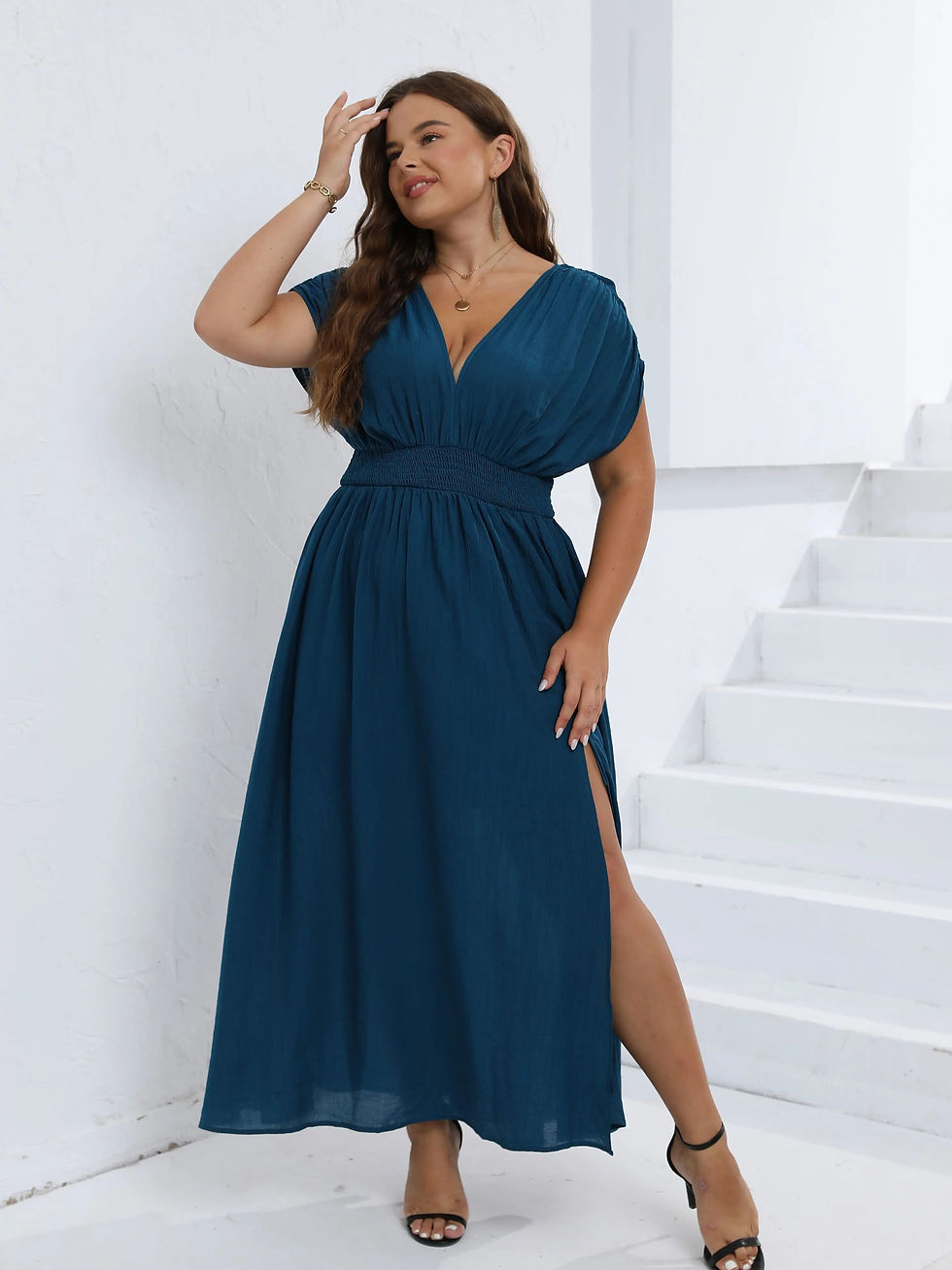 Thumbnail: Europe and the United States  summer solid color V-neck elastic waist slimming