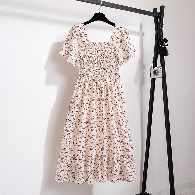 Thumbnail: Spring Summer Chiffon Women Dresses Female Short Sleeve Elastic Waist Printed F