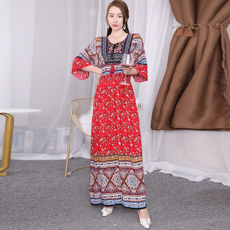 תמונה ממוזערת: THHONE Women Dress Indian Loose Bohemian Korean Style Long Tassels Casual  Vint
