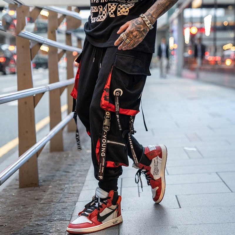 Thumbnail: Hip Hop Joggers Men Letter Ribbons Cargo Pants Pockets Track Tactical Casual