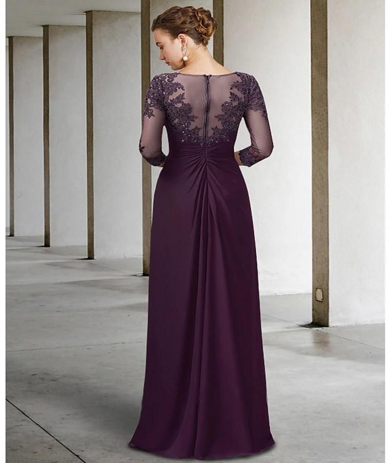 Thumbnail: Purple Mother of the Bride Dress for Wedding Party  Lace Tulle 3/4 Long Sleeve