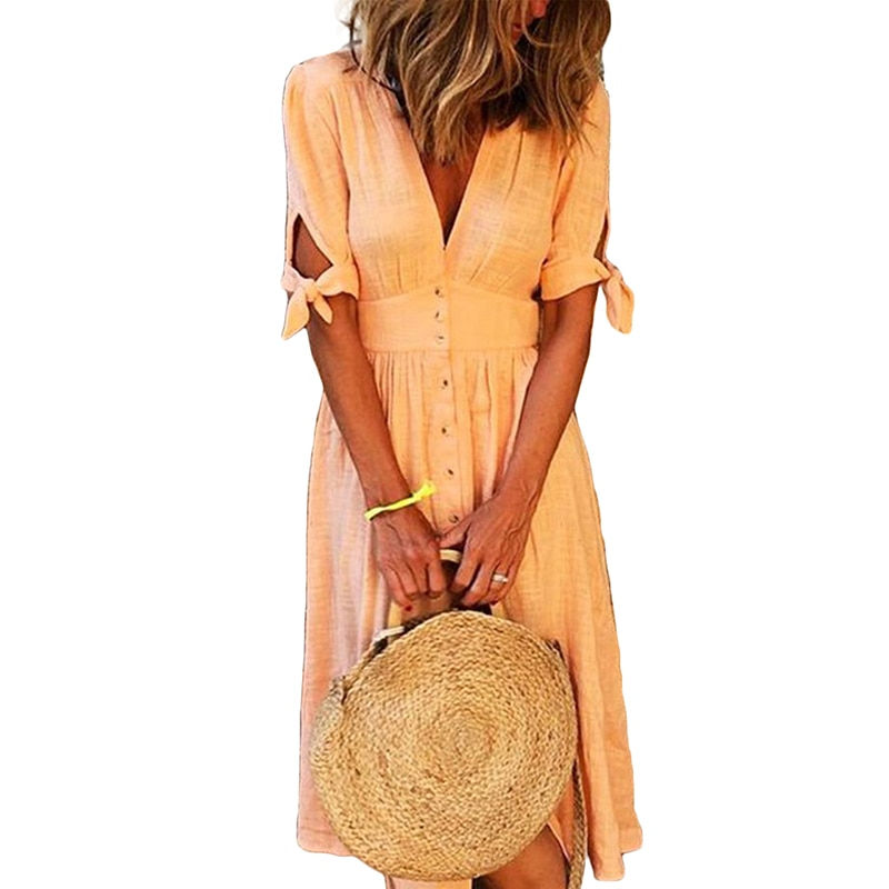 Miniatura: Fashion Solid Button Shirt Dress Women Casual Half-sleeve Lace-up V-neck Dress