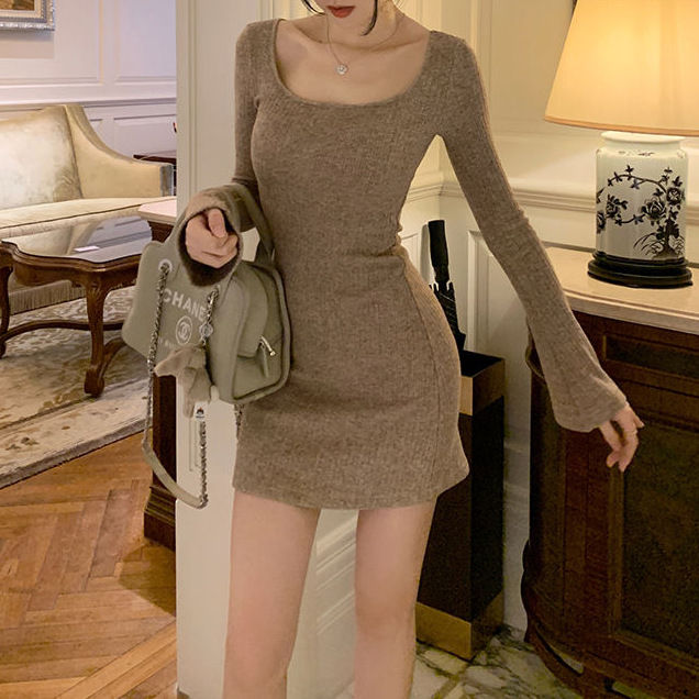 Thumbnail: Pure Desire Style Square Collar Bell Sleeve Knitted Dress Female Slim Looking B