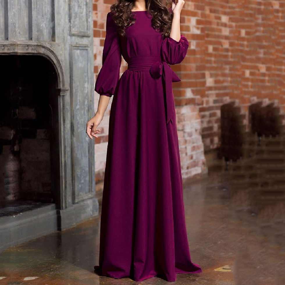 Thumbnail: Women Party Dress Lantern Long Sleeve Solid Maxi Dresses With Belt Vintage