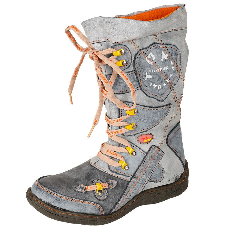 Thumbnail: TMA EYES Patchwork Stitch-Detail PU Leather Mid-Calf Women's Boot