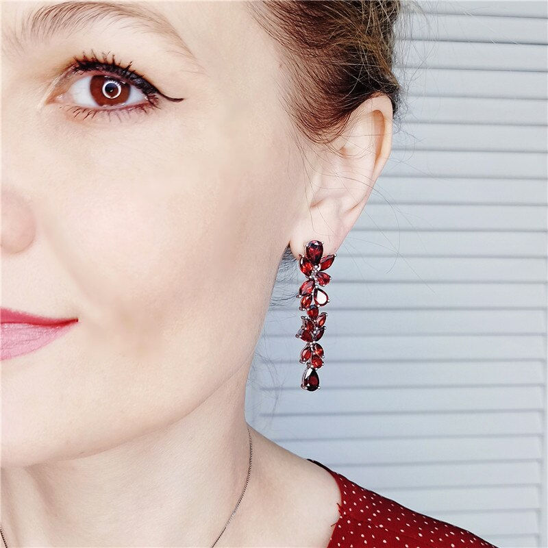 Miniaturebillede: GEM'S BALLET 20.35Ct Natural Red Garnet Earrings 925 Sterling Sliver Leaves Bra