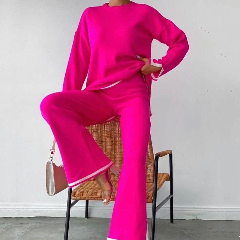 Thumbnail: Fashion Long Sleeved Sweater Set Knitted Top Pants Suit Autumn Winter Women's O