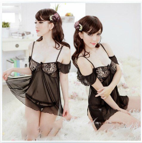 Seduction Suit Gorgeous Lingerie Black Mesh Transparent Lace Shoulder Pajamas