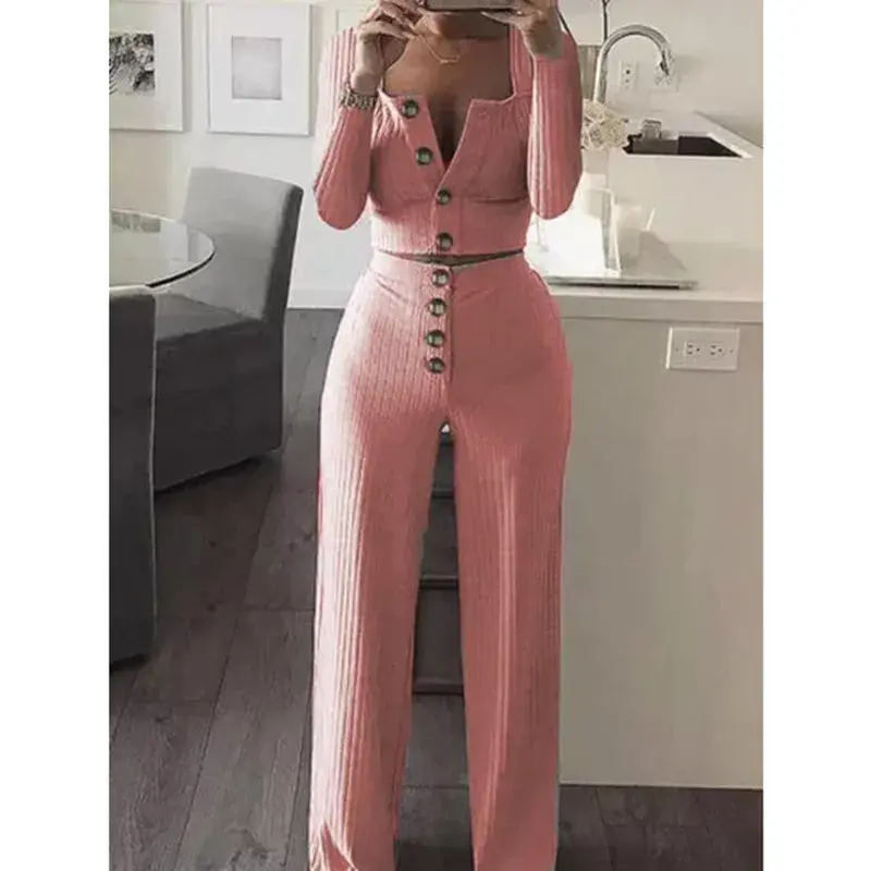 Миниатюра: Women Fashion Tracksuits Sets Casual Square Collar Long Sleeve Buttons Cute