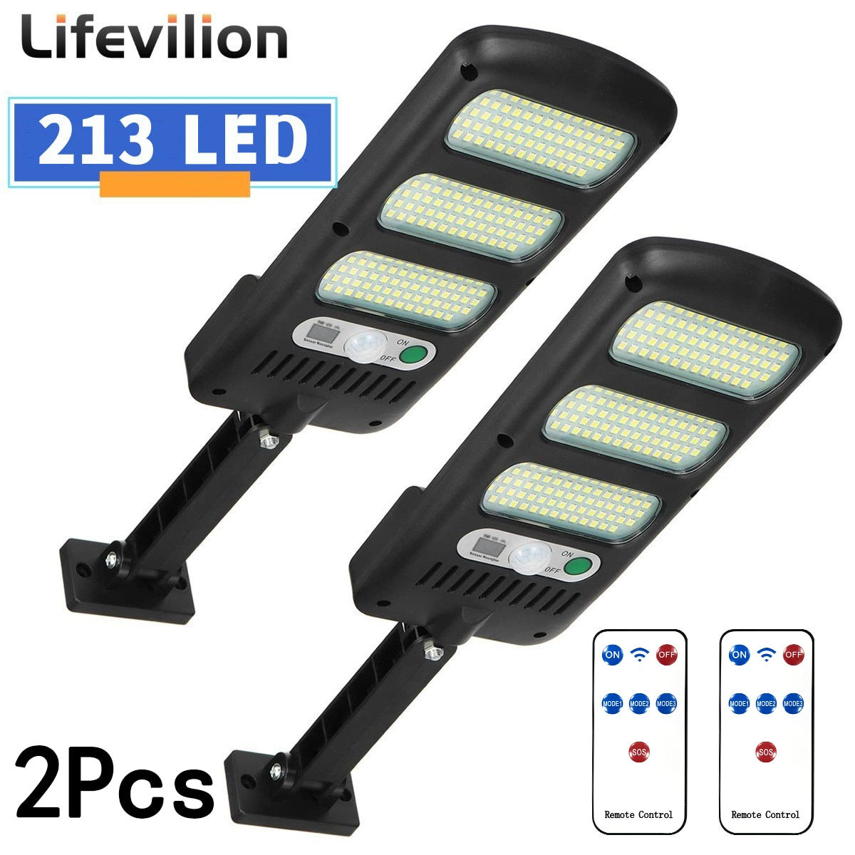 2Pcs 213LED Solar Street Lights Solar Lights Outdoor 3 Light Mode Waterproof Mo