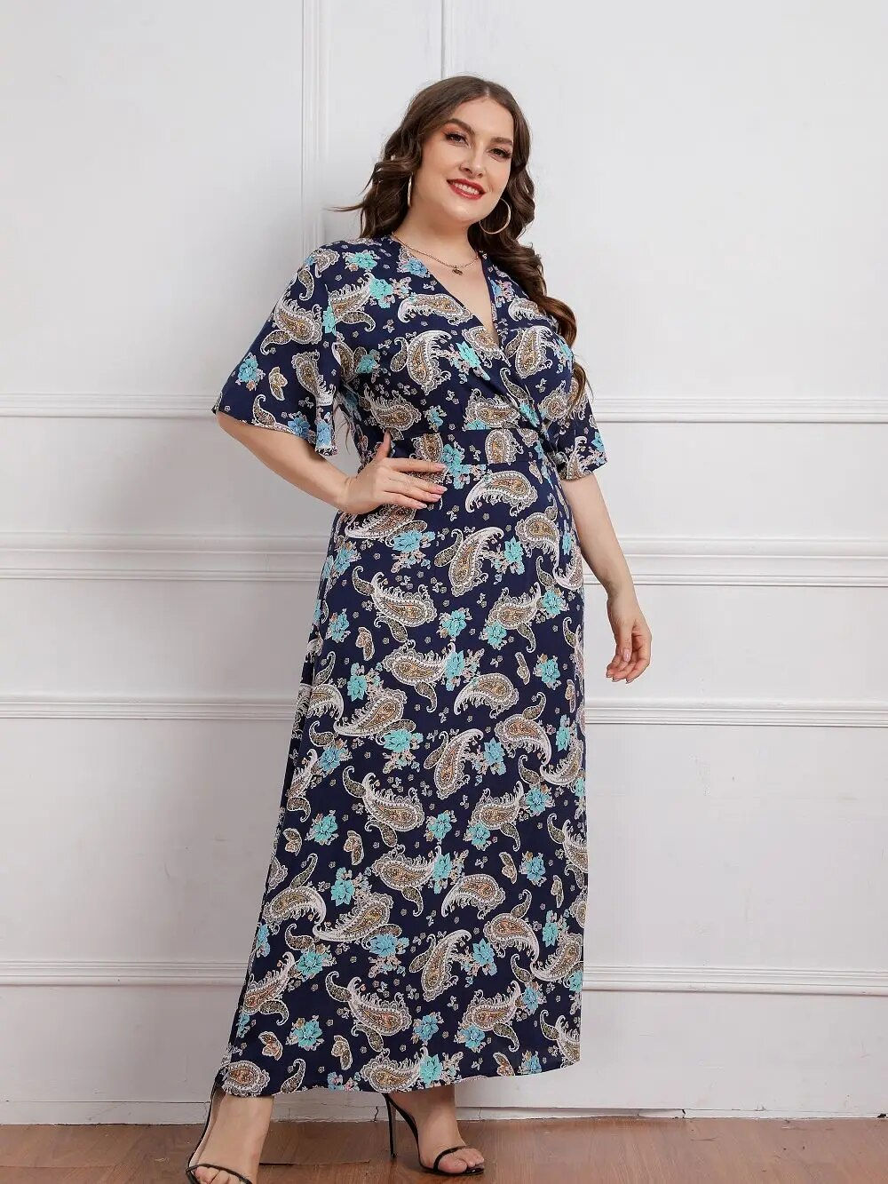 Plus Size Floral Print Short Sleeve Bohemian Summer Viscose Dresses For Women
