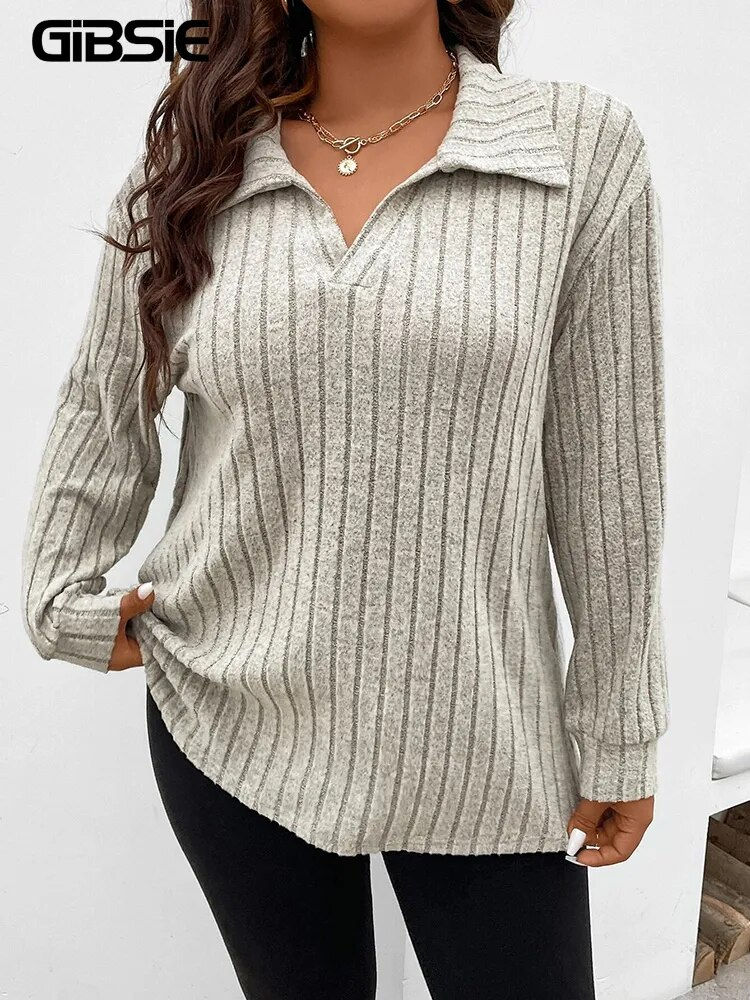 Thumbnail: GIBSIE Plus Size Tshirt for Women Spring Fall Polo Collar Long Sleeve T-Shirt F