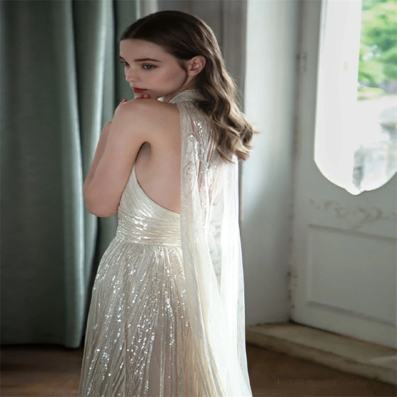Thumbnail: Champagne Color Host Starry Sky Toast Clothing Halter Model Catwalk Show