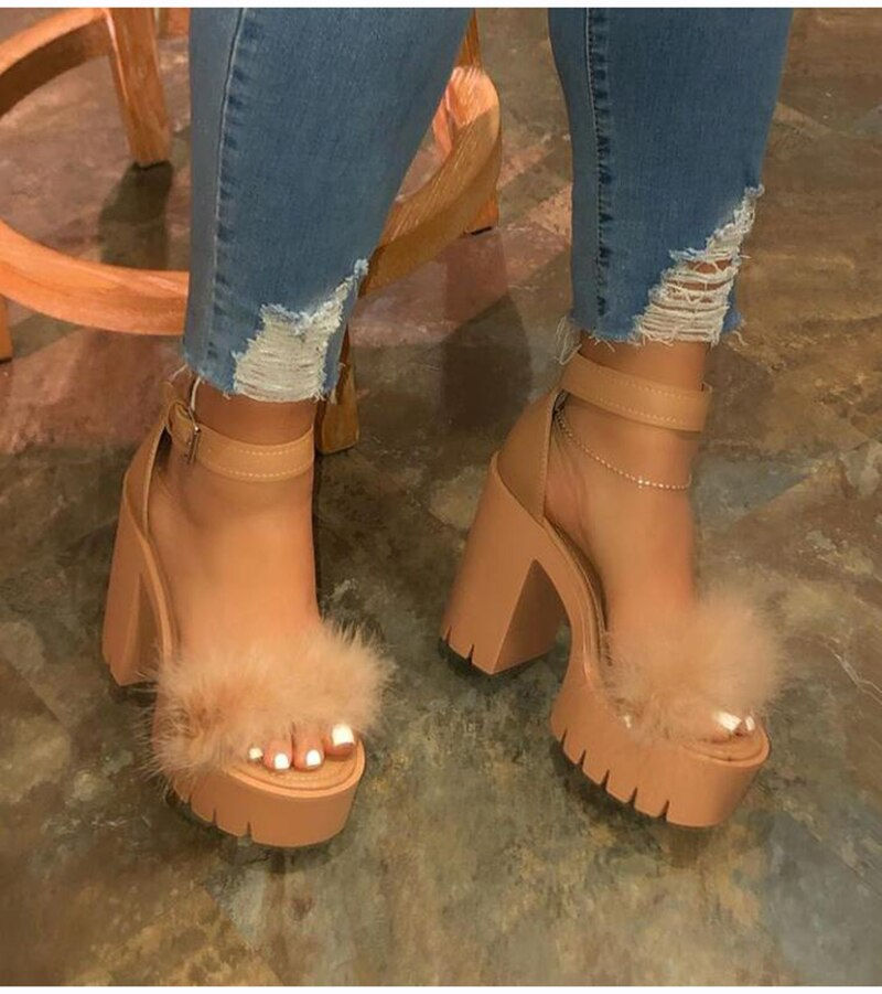 Thumbnail: 2022 Summer Woman Furry Sandals High Heels with Fur Female Platform Pump