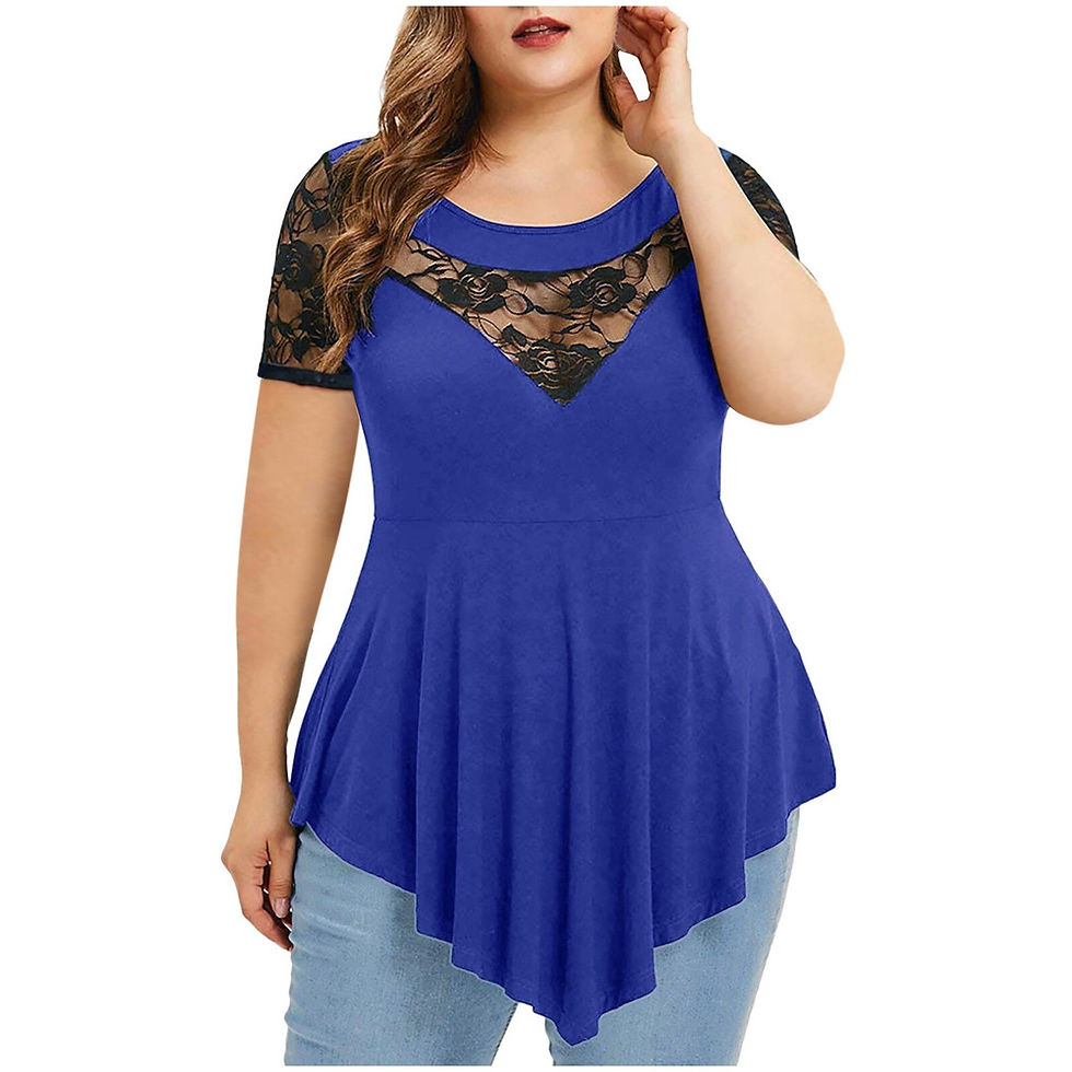 Thumbnail: Elegant Plus Size Lace Tops Women Clothing Solid Floral Lace O-neck Asymmetric