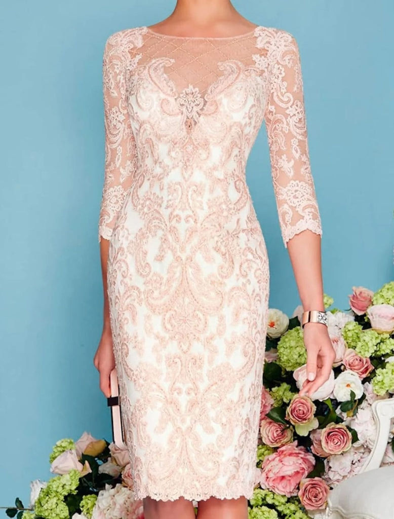 Thumbnail: Pink Chiffon Elegant Mother Of The Bride Dress With Jacket 3/4 Sleeve Lace Wedd