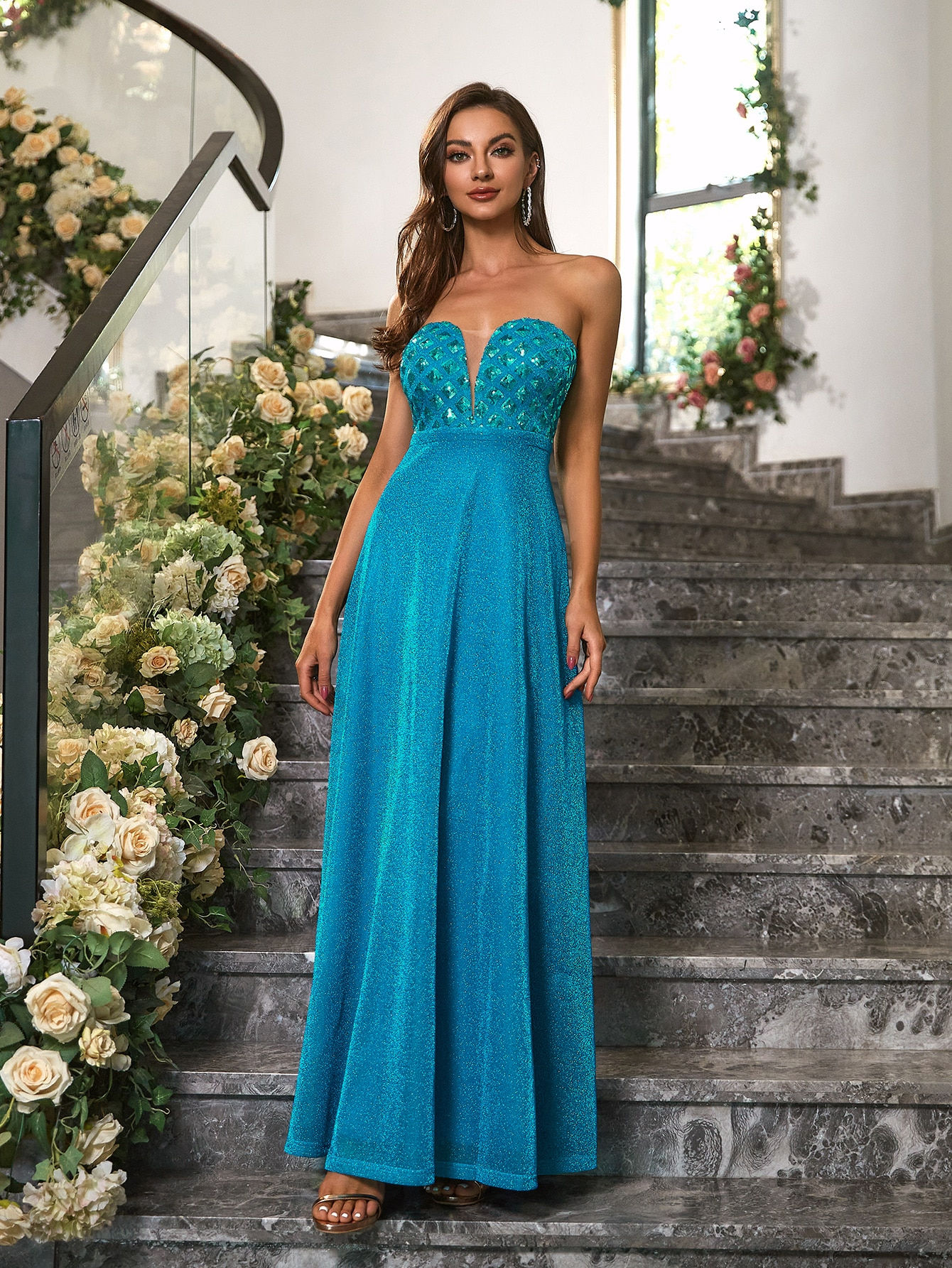 Angel-fashions Women's Strapless Mesh Insert V Neck Sparkly Long Formal