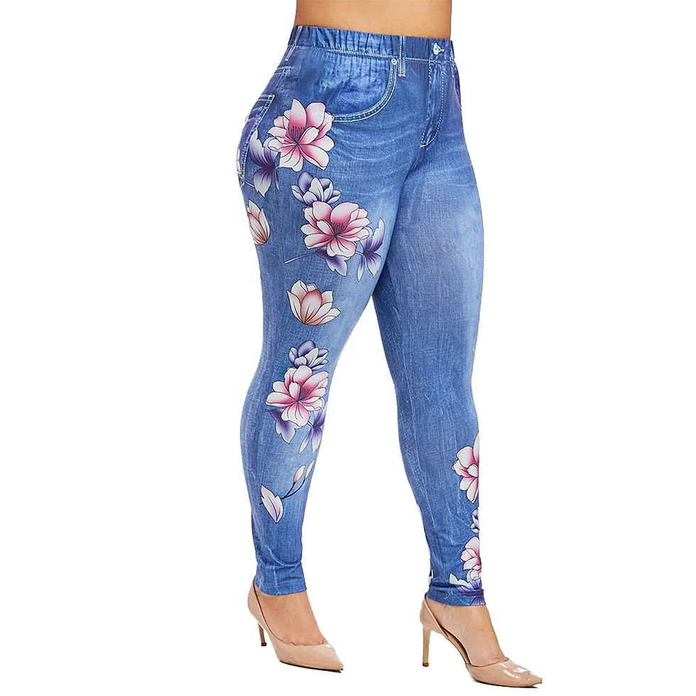 Thumbnail: Women's Winter Beautiful Flower Faux Denim Jeans Pants Ladies Skinny Pockets Tr