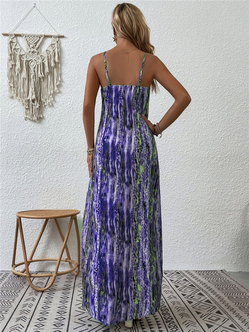 Thumbnail: 2023 Women Cute Strap Fashion Loose Long Dress Summer New Vintage Print Casual